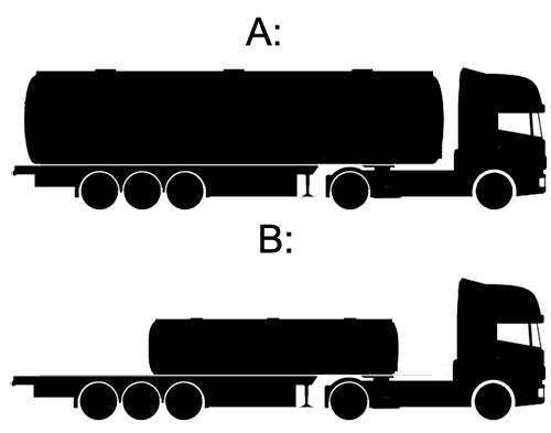 Two similar trucks. One with a large container and one with a small container.